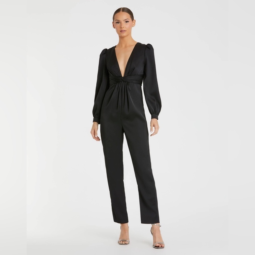 Ieena for Mac Duggal Black Front Twist Puff Sleeve Deep V Jumpsuit - Size 2